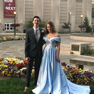 Light blue off the shoulder prom dress